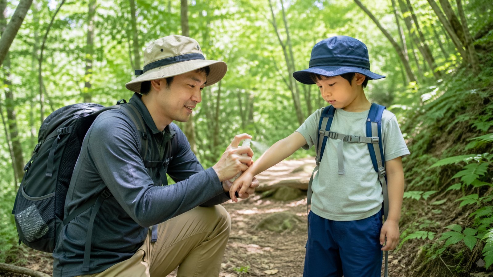 子連れ登山で虫除けスプレーを子どもの腕にかける親子