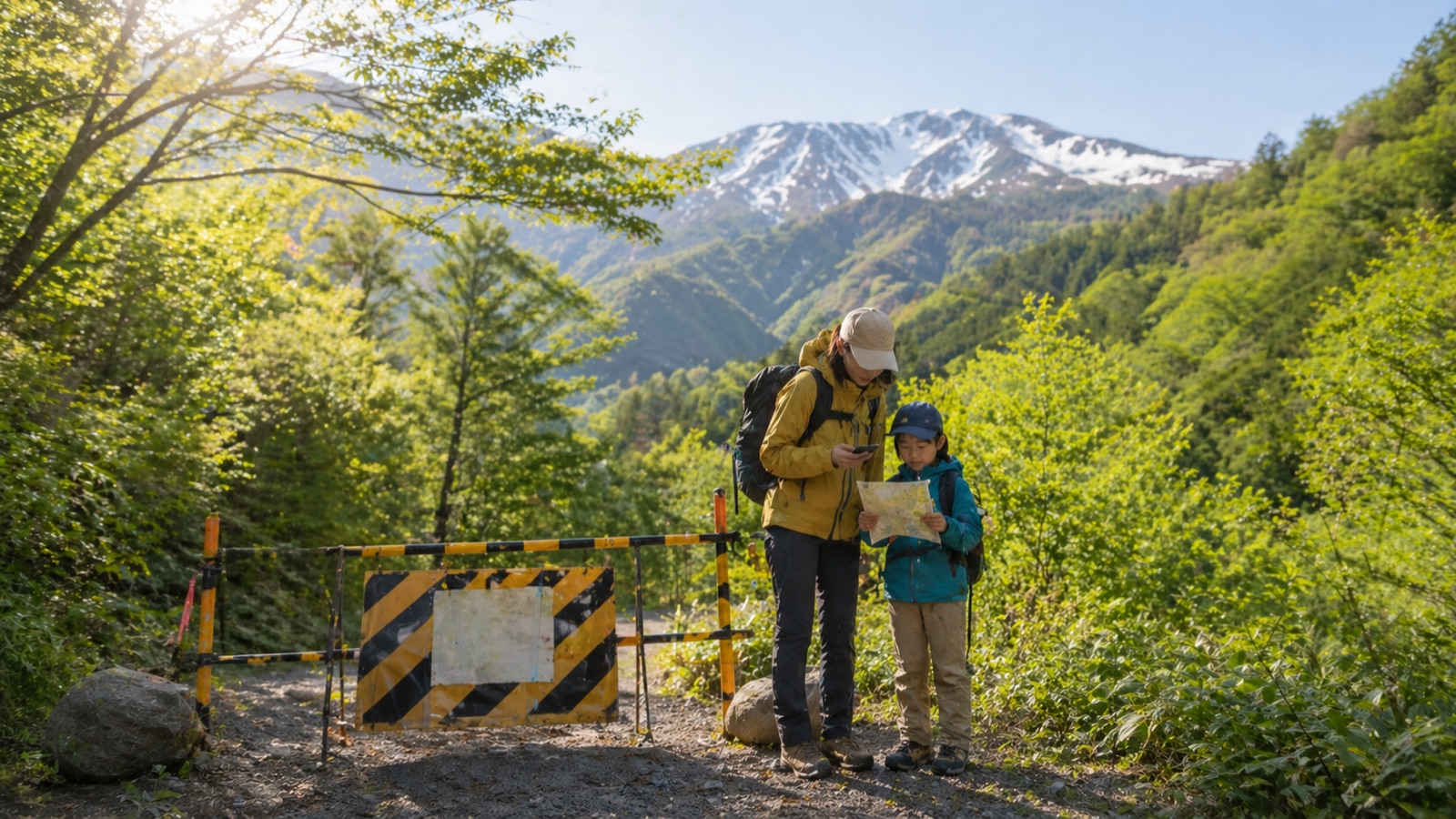 登山口でルートを確認する親子（クマ被害で登山道閉鎖）