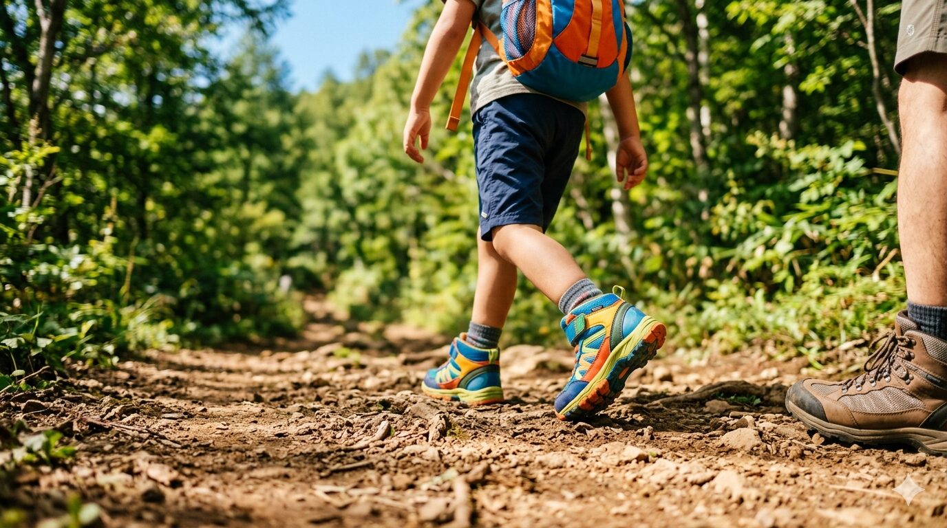 子ども用登山靴を履いて登山道を歩く子どもと親の足元