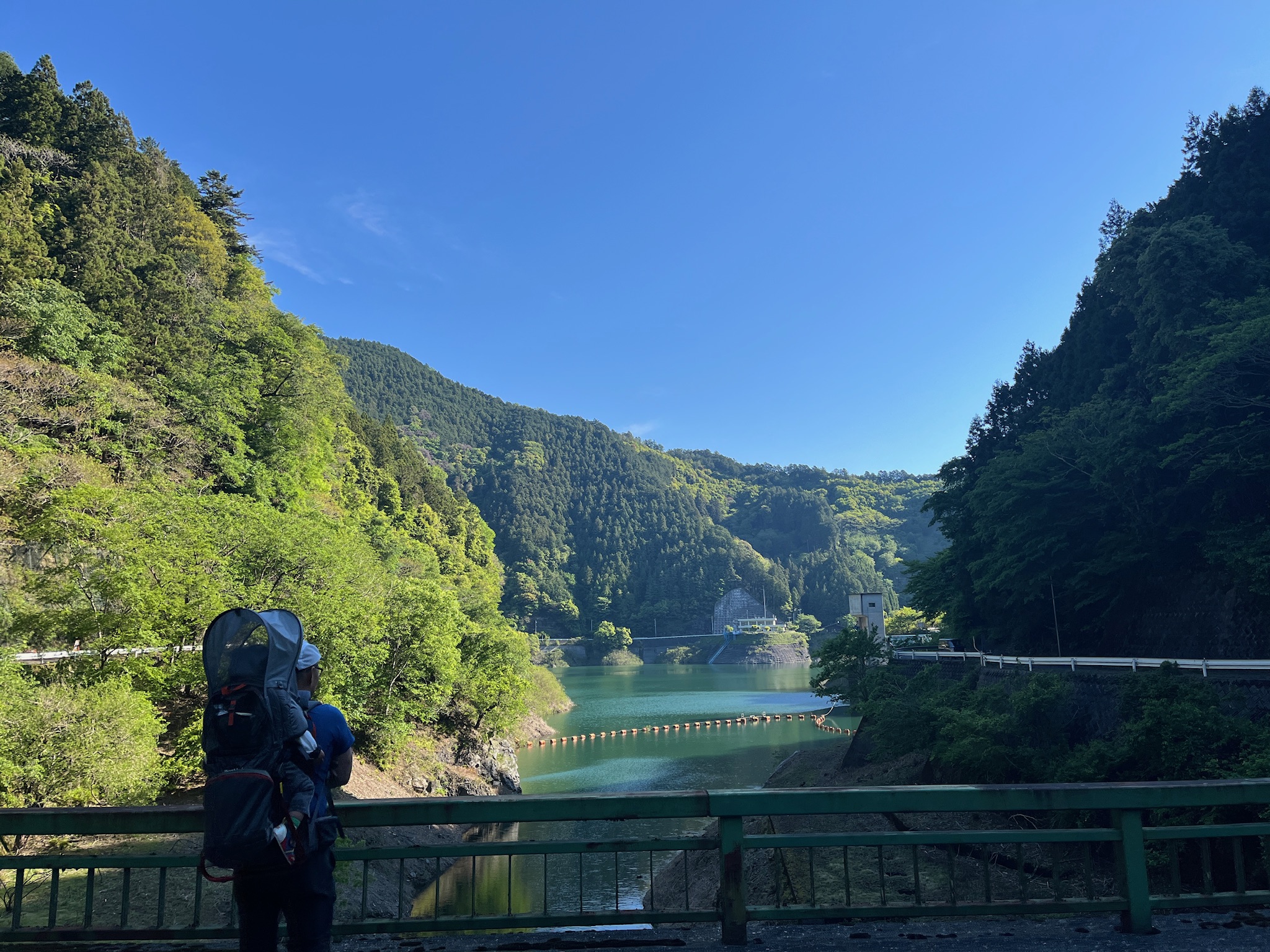 橋から有間ダム湖を眺める