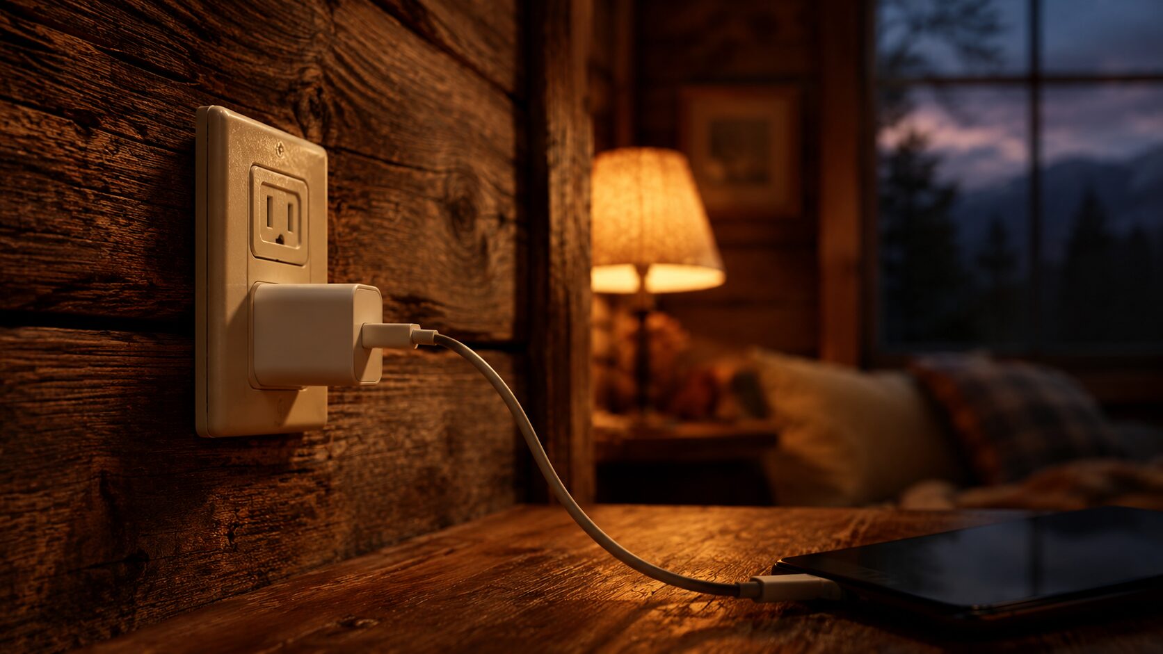 山小屋の木壁のコンセントに差し込まれた充電ケーブルとスマートフォン