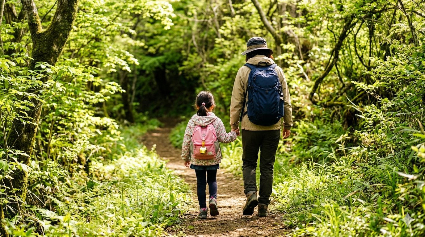 熊鈴を付けた親子ハイカーの後ろ姿