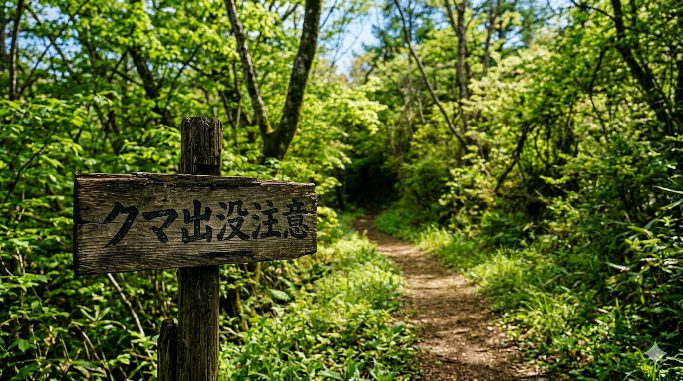 クマ出没注意の木製看板と新緑の登山道