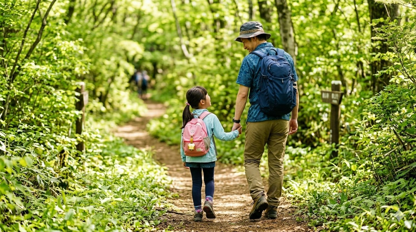 新緑の登山道で会話しながら歩く親子の後ろ姿