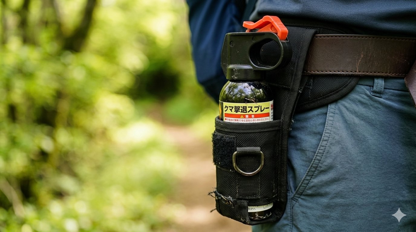 腰のホルスターに装着されたクマ撃退スプレー