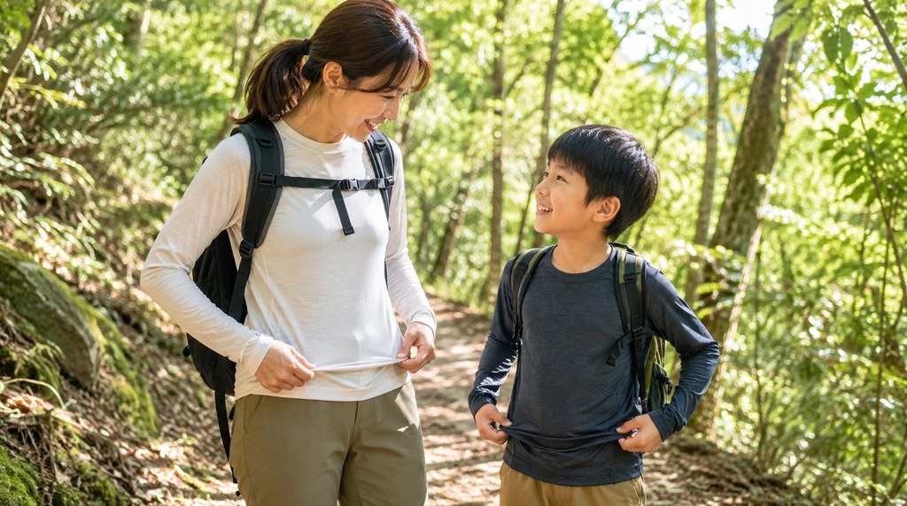 親子で登山道でベースレイヤーを確認する様子