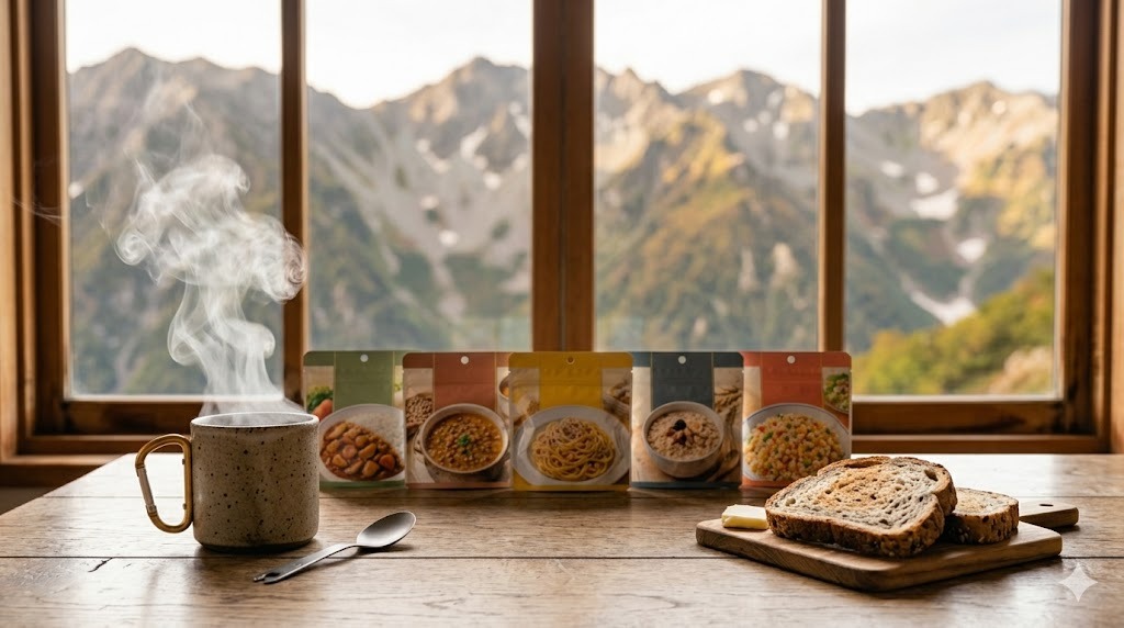 山小屋の窓越しに山並みと食事シーン