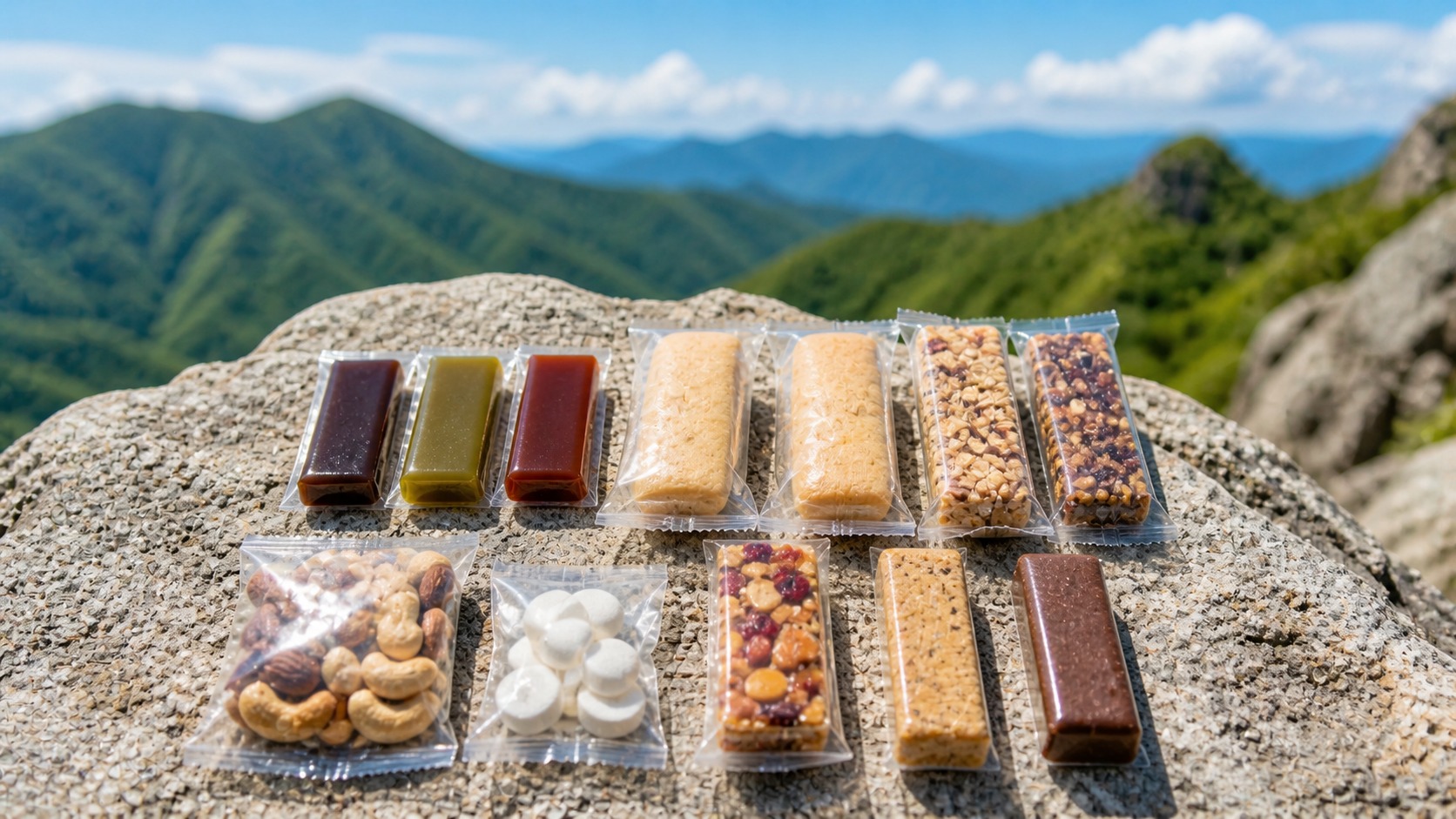明るい山頂の岩場に並ぶカラフルな行動食の俯瞰