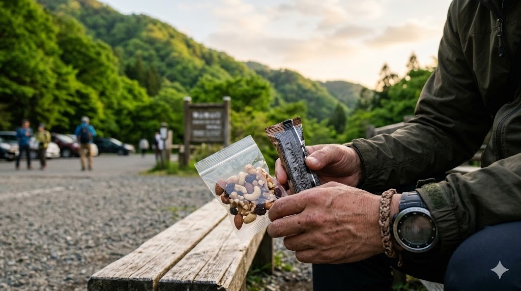下山後のベンチでミックスナッツとプロテインバー