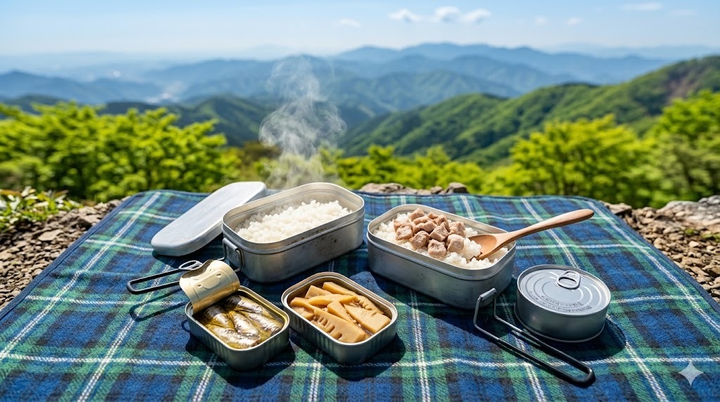 山頂のレジャーシートに置かれたメスティンと白ご飯