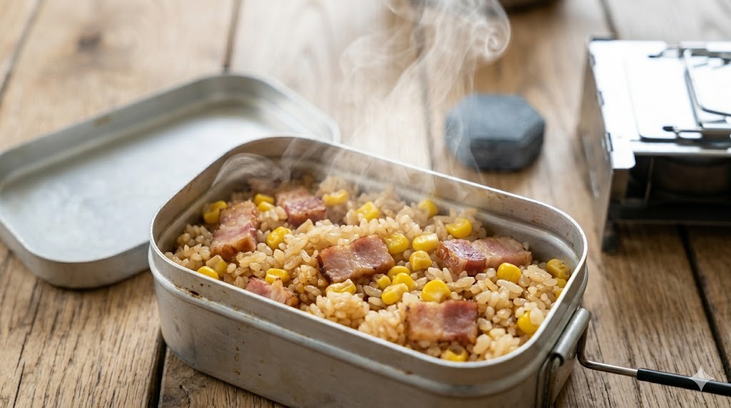 メスティンで炊いたベーコンコーン炊き込みご飯