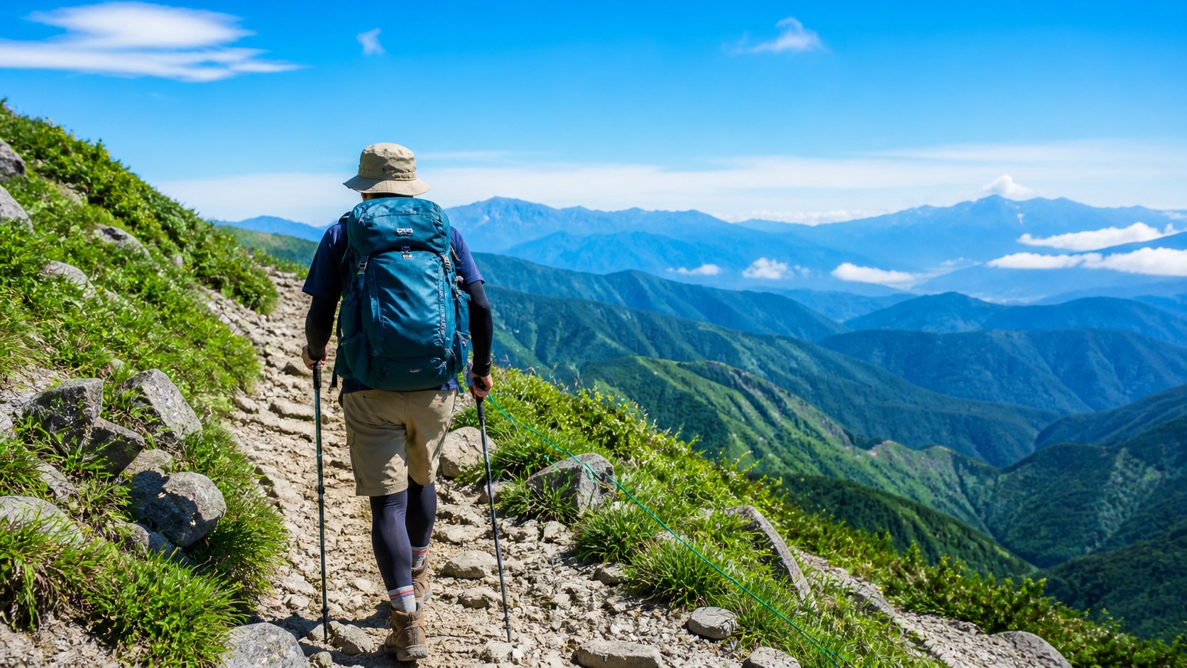 夏山の登山道を歩くザック背負った後ろ姿