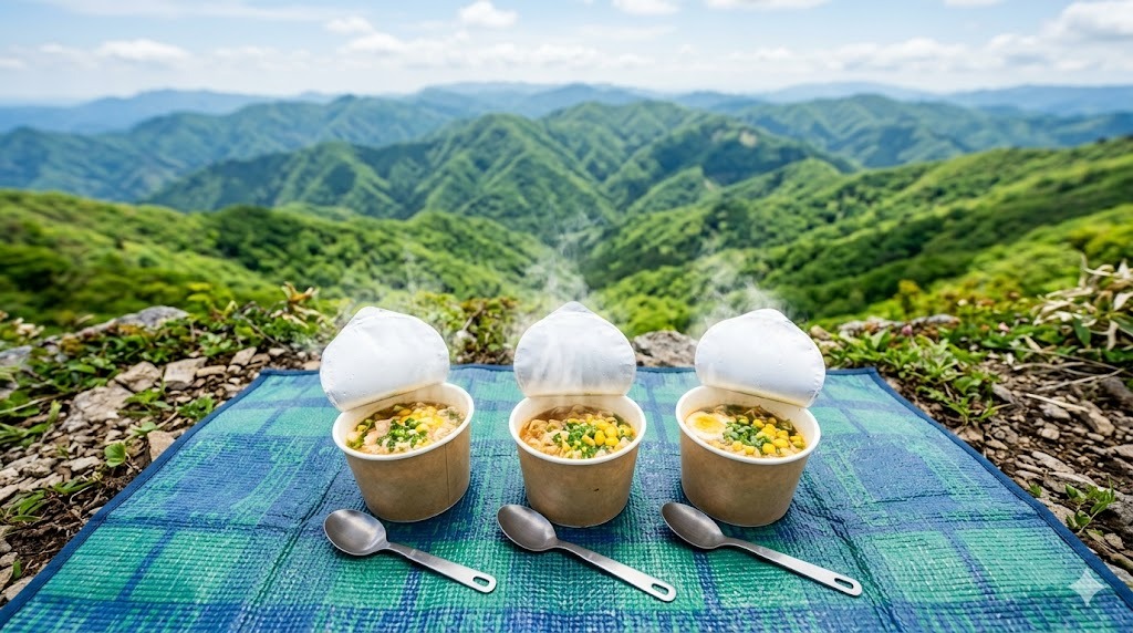 山頂のレジャーシートに並ぶカップ麺3つと山並み
