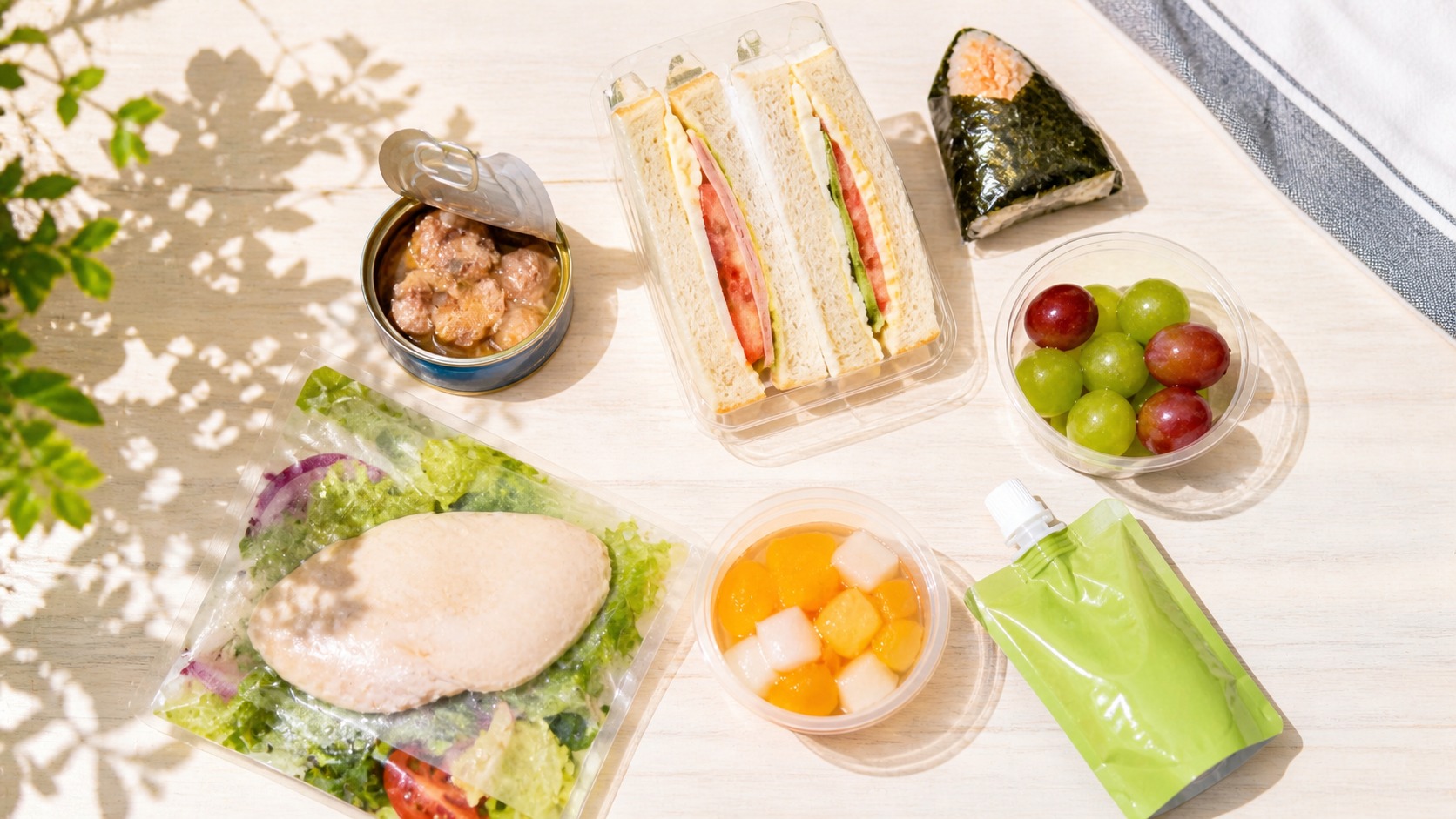 コンビニで揃うサンドイッチ・おにぎり・サラダチキン・ゼリー飲料のフラットレイ