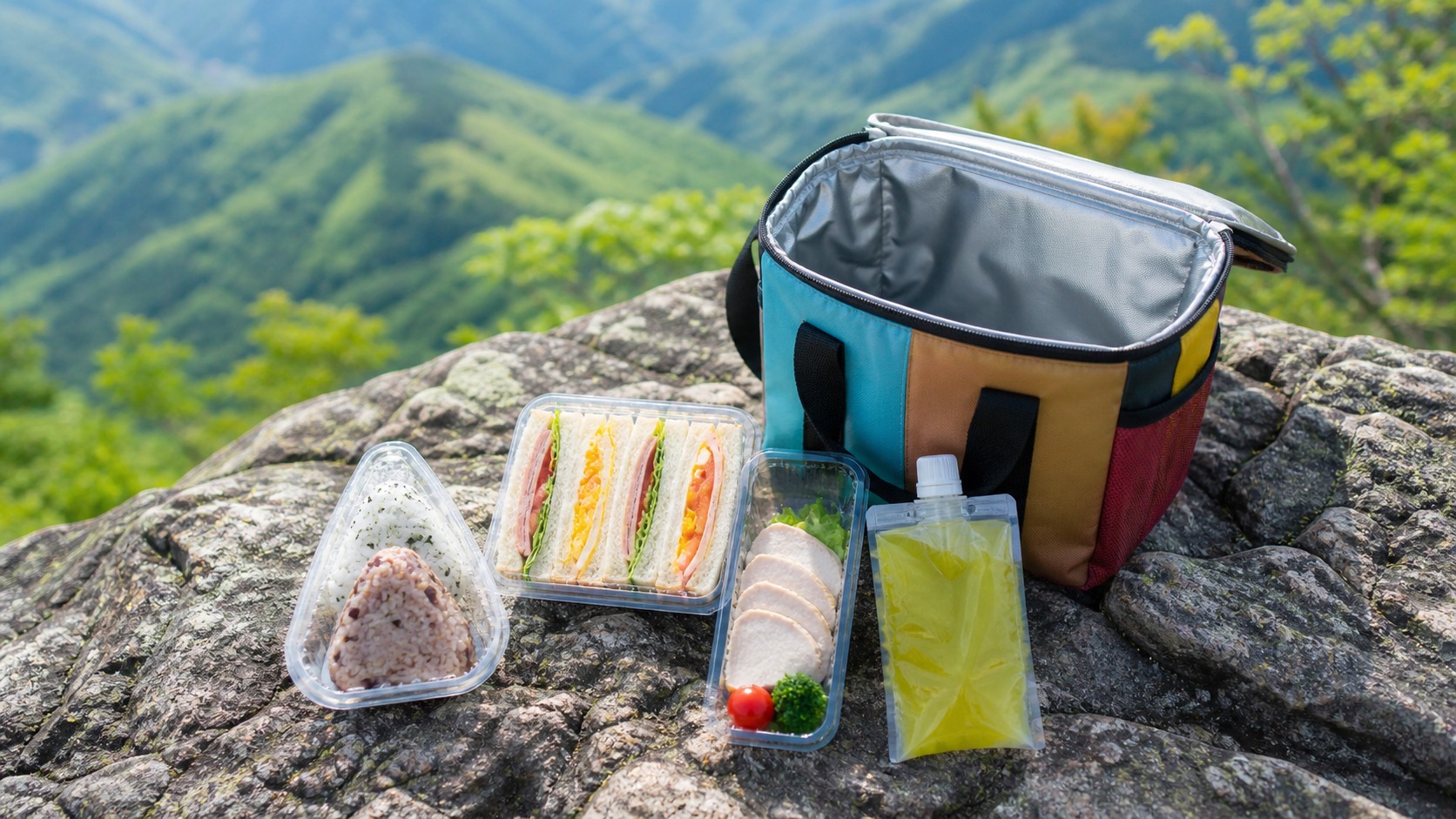 山頂の岩場に置かれた保冷バッグと、おにぎり・サンドイッチ・サラダチキン・ゼリー飲料