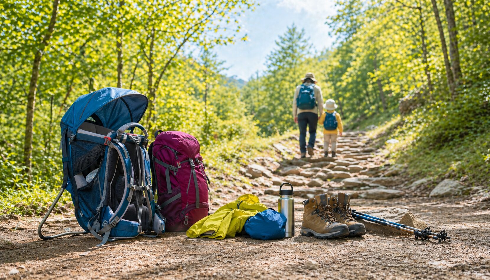 登山道で家族とギアが並ぶ風景