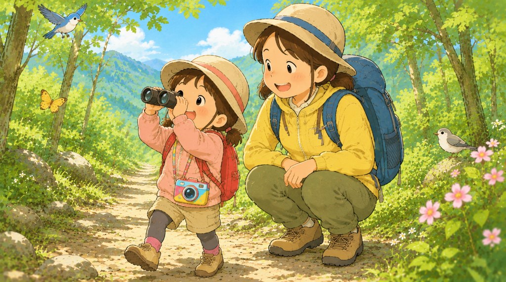 双眼鏡をのぞきキッズカメラを首から下げた子どものイラスト
