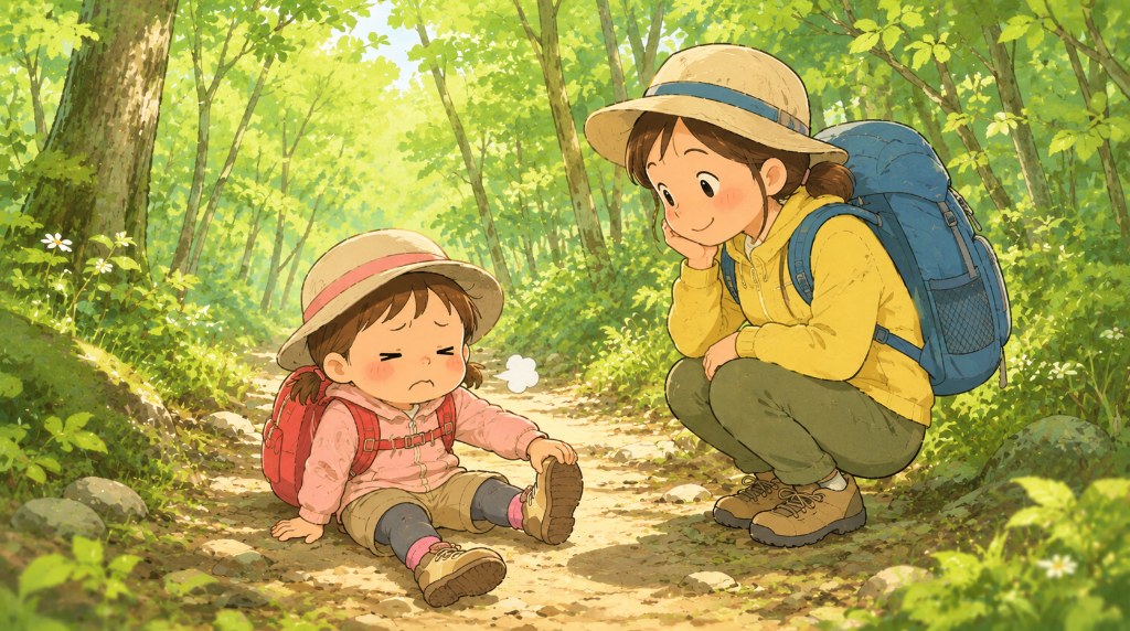 森の登山道で疲れて座り込む子どもと寄り添う親のイラスト