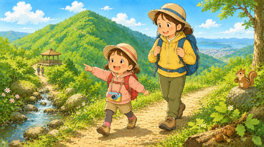 小川や展望台のあるなだらかな低山を楽しく歩く親子のイラスト