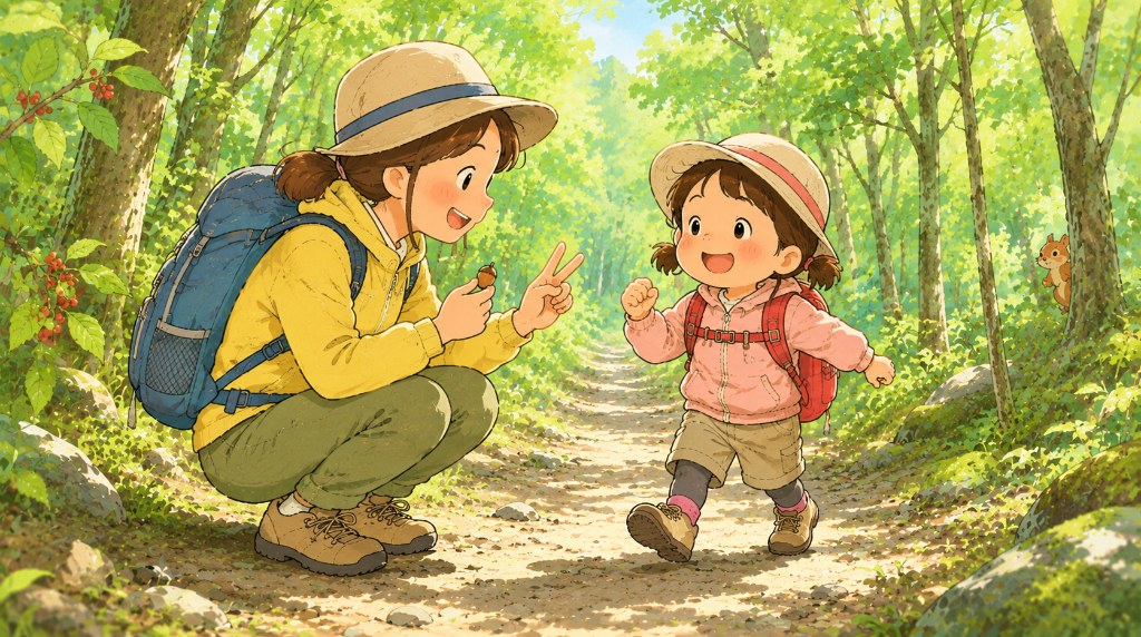 しゃがんで声をかける親と元気に歩き出す子どものイラスト