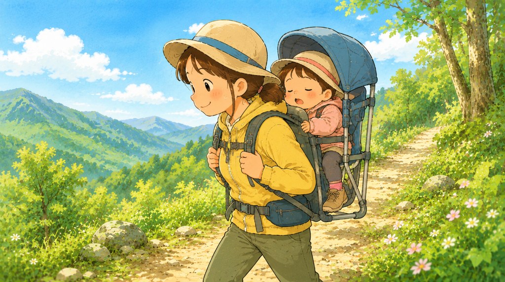 背負子で眠る子どもをおんぶして山道を歩く親のイラスト