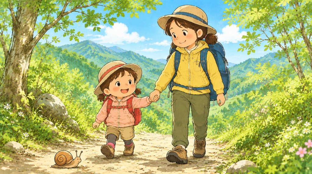 親と手をつなぎゆっくり山道を歩く子どもとカタツムリのイラスト