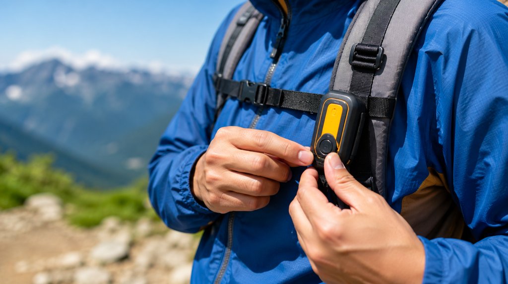 登山用ザックに小型発信機を取り付ける手元