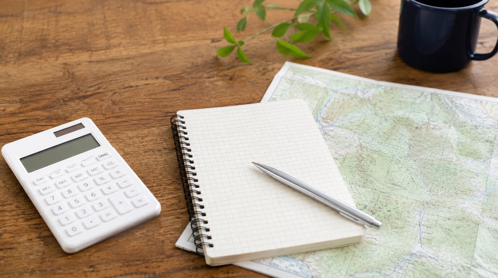 費用を計算する電卓とノートと登山地図