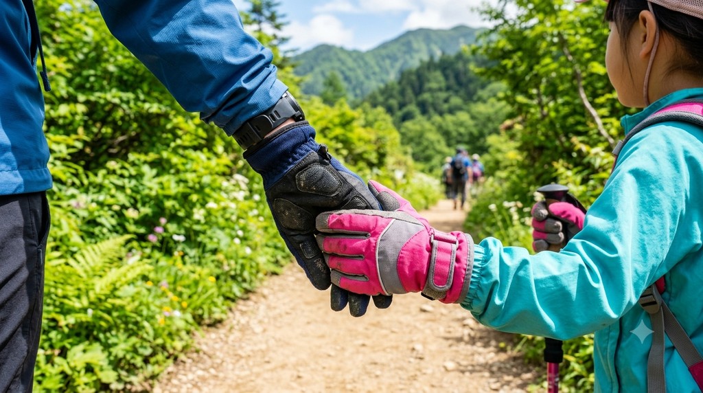親子で登山用グローブをつけて手をつなぐ春夏の登山道