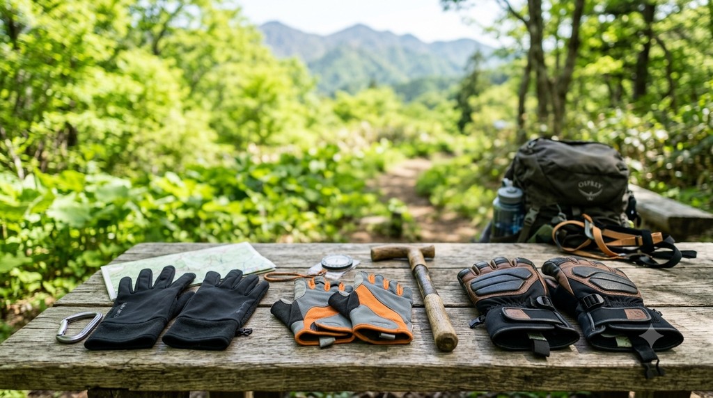 テーブルに並べたタイプ違いの登山用グローブを見比べる