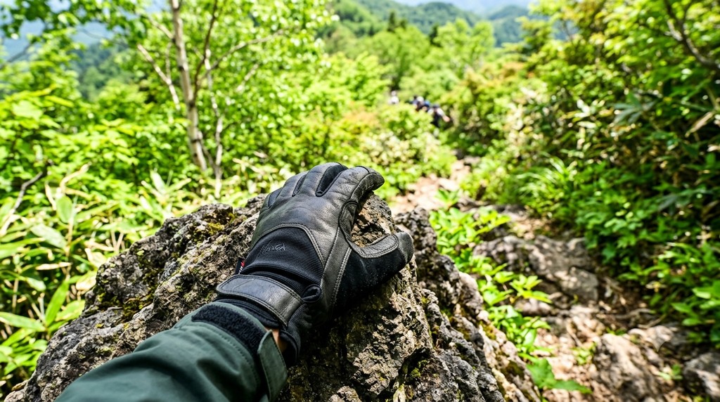 岩に手をついて体を支える登山用グローブ