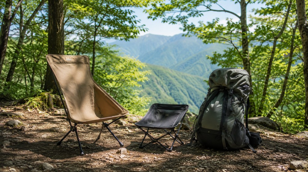 タイプの違う軽量折りたたみチェア2脚と登山ザック