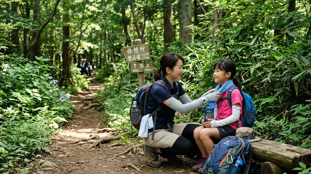 夏の低山でアームカバーを着けて歩く親子