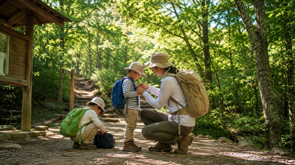 夏の低山の登山口で出発の準備をする親子