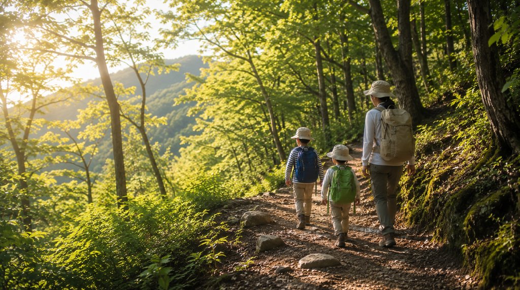 早朝の涼しい登山道を歩く親子