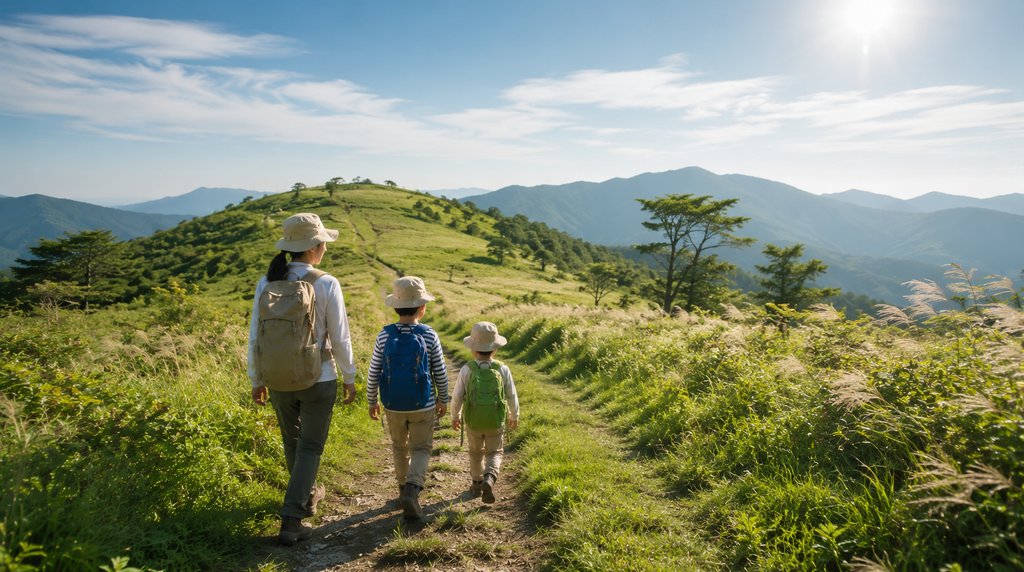 夏の涼しい高原を歩く親子