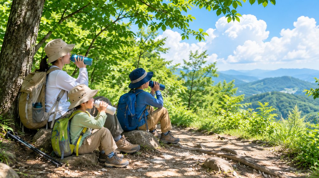 木陰で休憩して水分補給をする家族