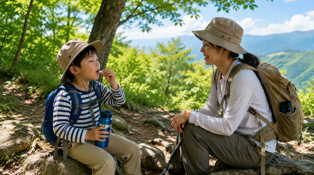 休憩中に水分と塩分を補給する子どもと見守る親