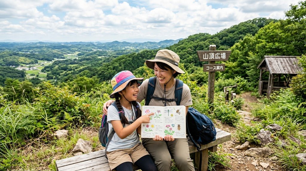 山頂で観察ノートを見せ合う親子