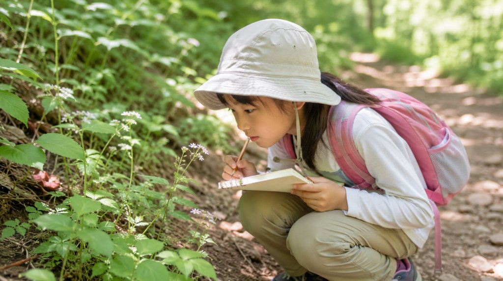 野の花をスケッチして観察する子ども