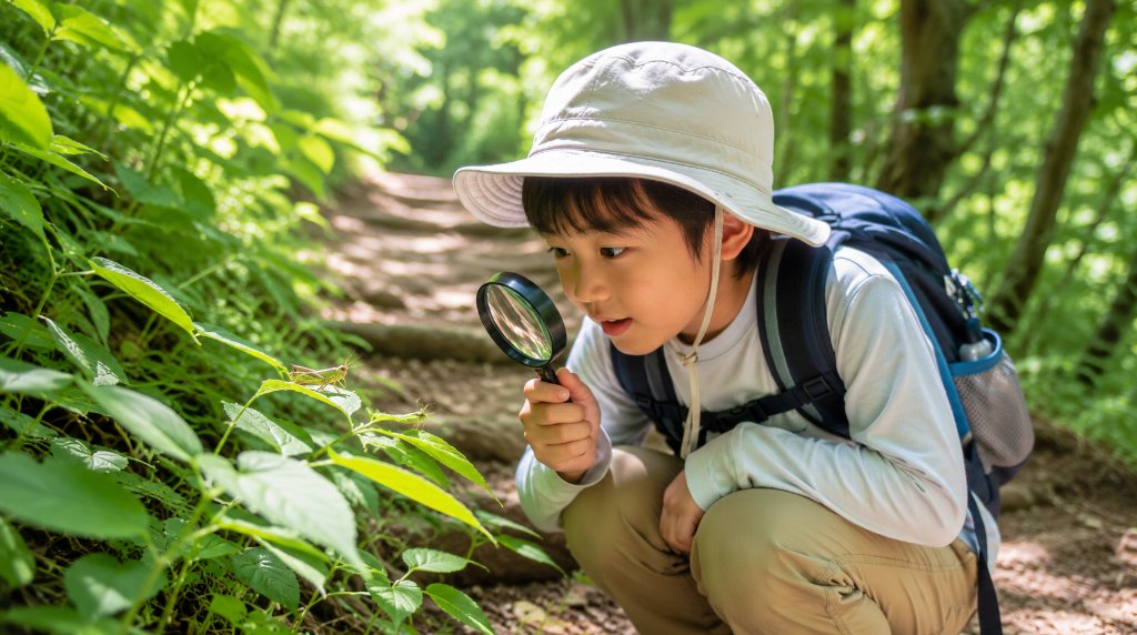 虫めがねで葉の上の昆虫を観察する子ども