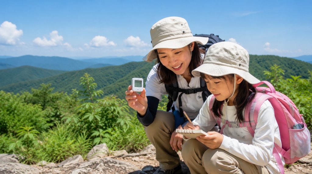 山頂で温度計の数字を確認する親子