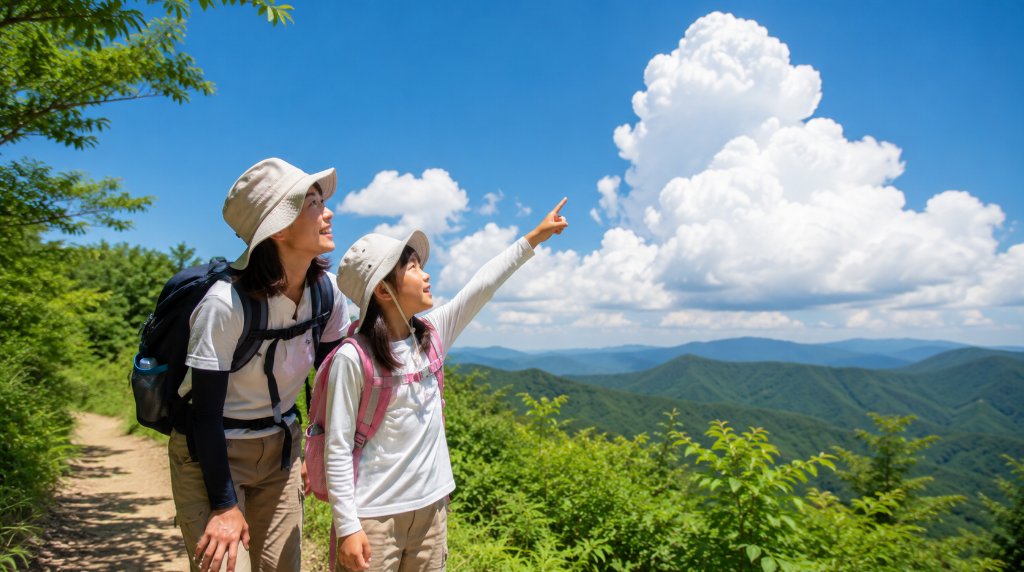 夏空の入道雲を見上げる親子