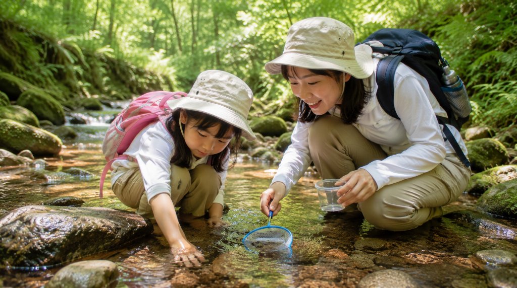沢で水の生き物を探す親子