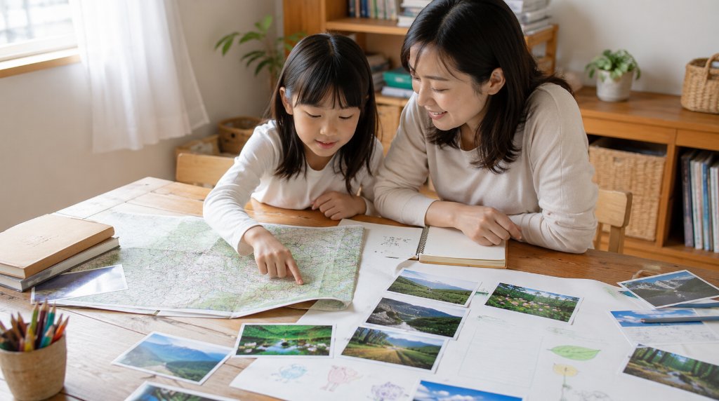 地図と写真で登山の記録をまとめる親子