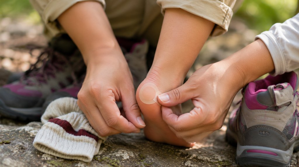 子どものかかとに靴ずれ絆創膏を貼る様子