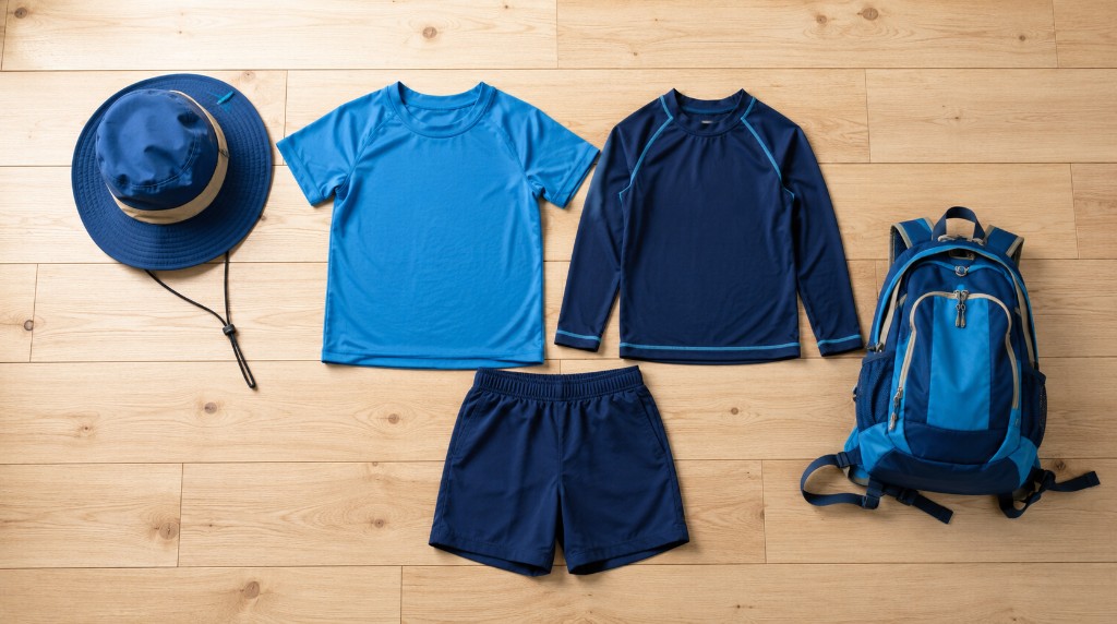 夏の子ども用登山ウェア一式（Tシャツ・帽子など）