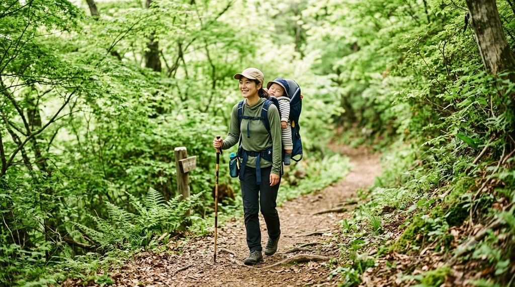 0歳の赤ちゃんをベビーキャリアに乗せて登山する親
