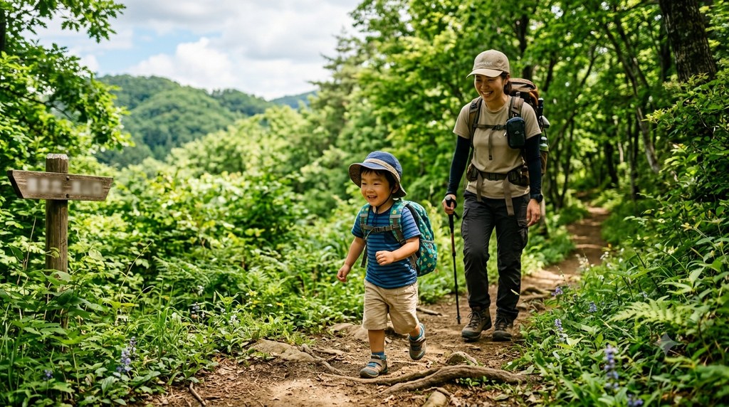 3〜4歳の子どもがリュックを背負って登山道を歩く様子