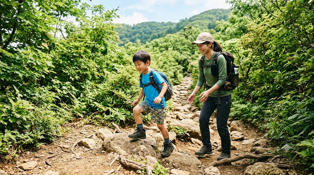 5〜6歳の子どもが登山靴で岩のある道を登る様子